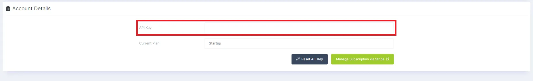 API key in account details page